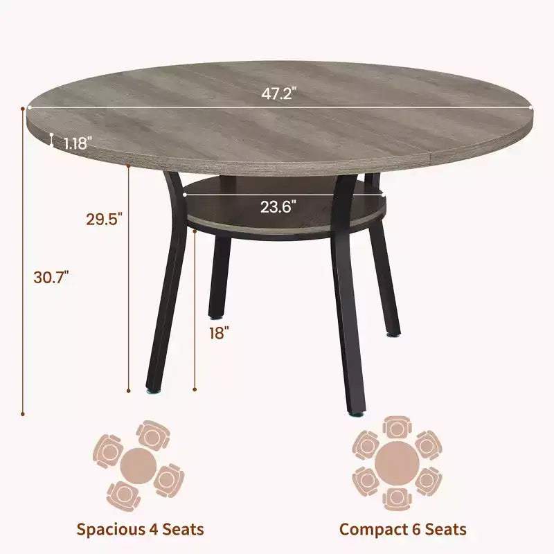 Tavolo da pranzo rotondo Farmhouse 47 per 4-6 persone, tavolo da cucina e colazione rustico in legno con ripiano portaoggetti, design salvaspazio per piccoli appartamenti