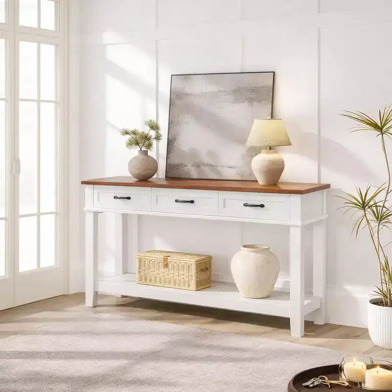 Acekool 54 Farmhouse Entryway Table with 3 Drawers & 2 Open Shelves, Console Table for Living Room or Hallway