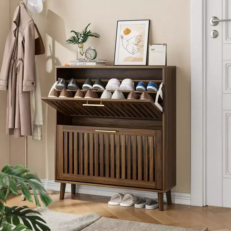 Scarpiera indipendente Mid-Century Modern da 80 cm con 2 cassetti a ribalta, porta scarpe a stecche per corridoi e ingressi