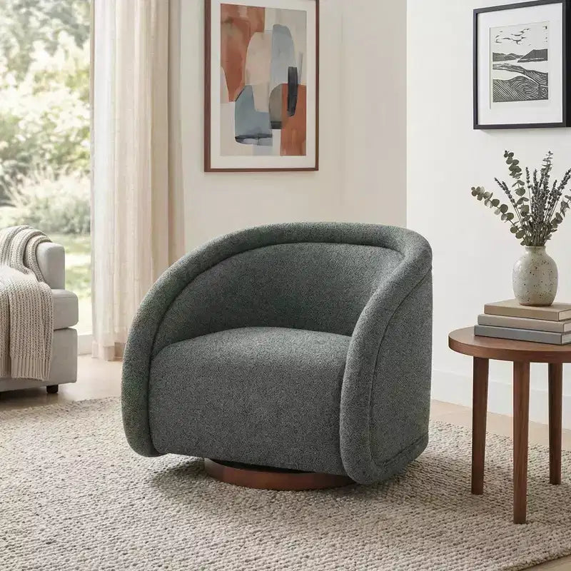 Poltrona Girevole Moderna in Bouclé con Base in Legno Massello