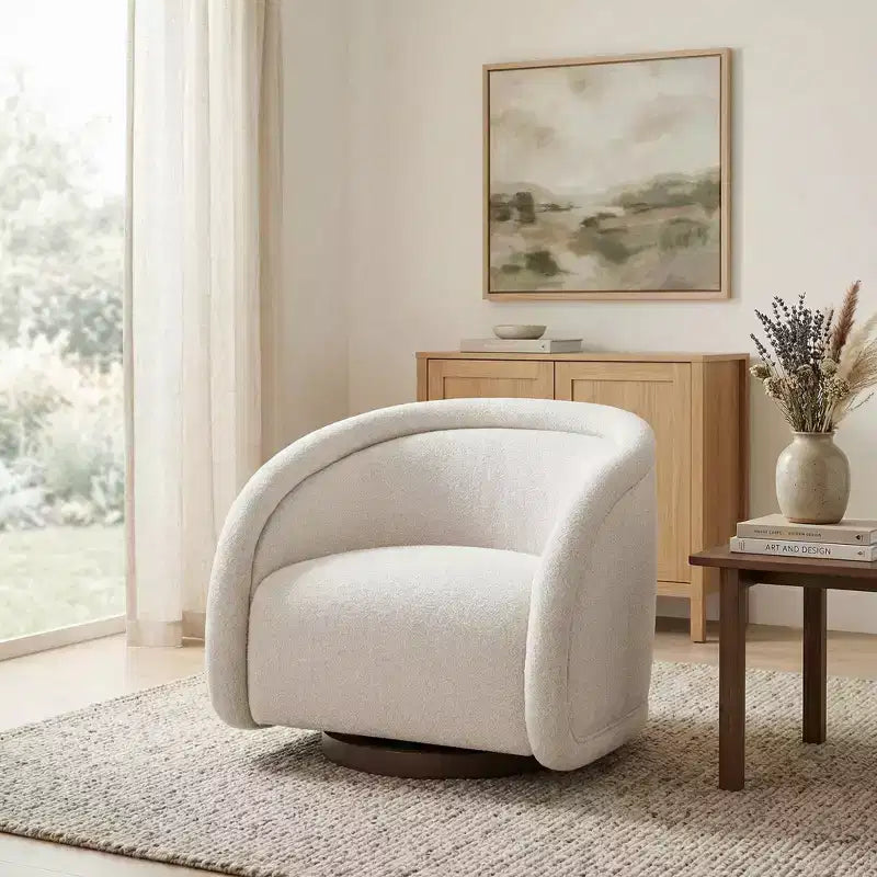 Poltrona Girevole Moderna in Bouclé con Base in Legno Massello