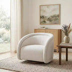 Poltrona Girevole Moderna in Bouclé con Base in Legno Massello