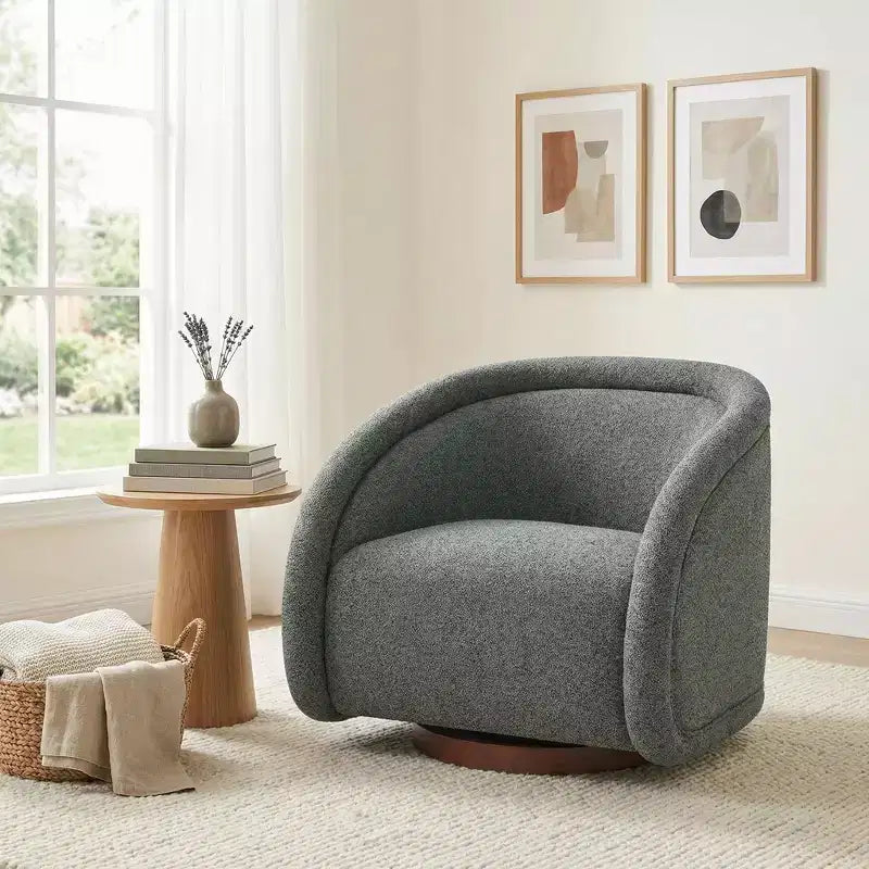 Poltrona Girevole Moderna in Bouclé con Base in Legno Massello