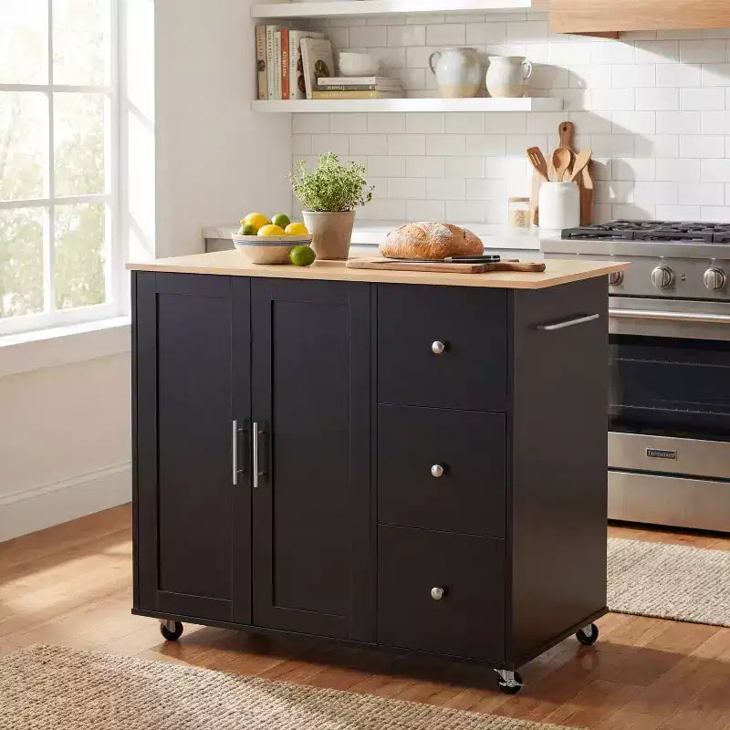 Carrello da Cucina su Ruote con Spazio Contenitore e 3 Cassetti, Nero