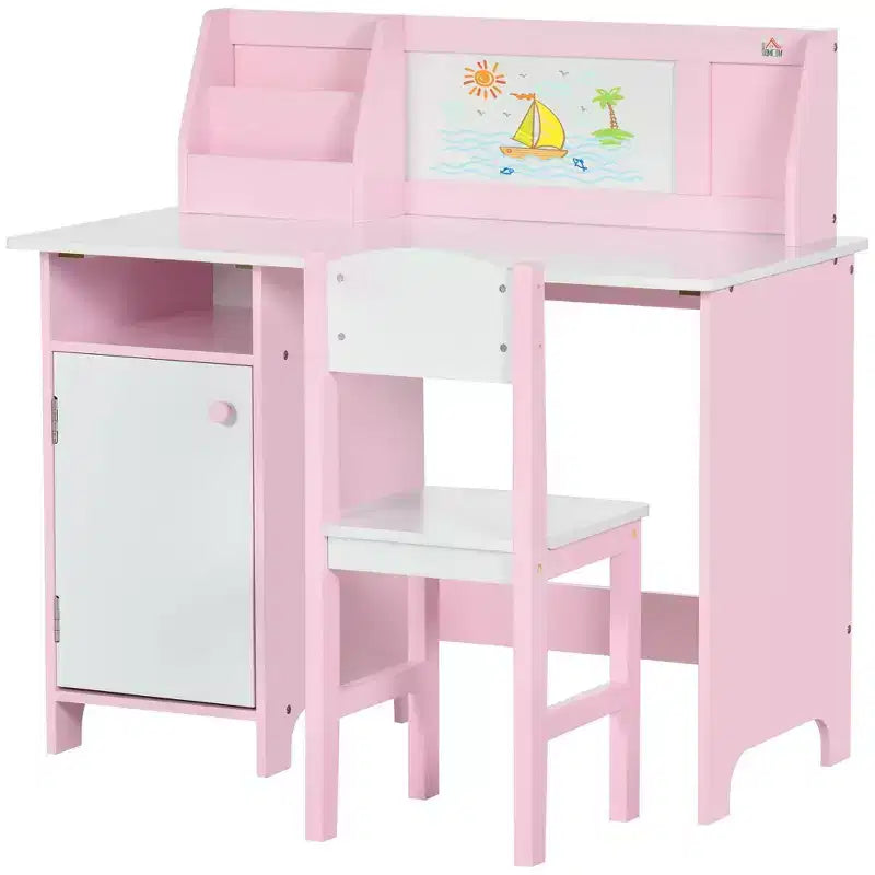 Scrivania e Sedia per Bambini con Lavagna, Grande Mobile Contenitore per Arte e Studio 90x45x85 cm Rosa
