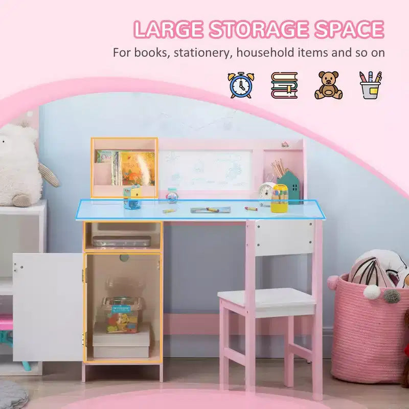 Scrivania e Sedia per Bambini con Lavagna, Grande Mobile Contenitore per Arte e Studio 90x45x85 cm Rosa