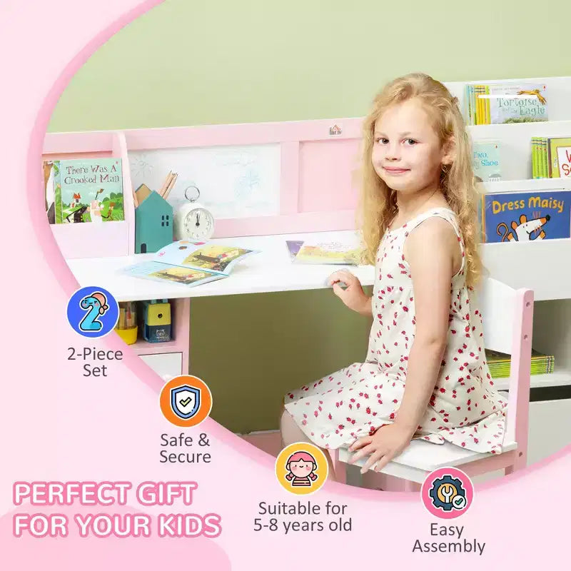 Scrivania e Sedia per Bambini con Lavagna, Grande Mobile Contenitore per Arte e Studio 90x45x85 cm Rosa