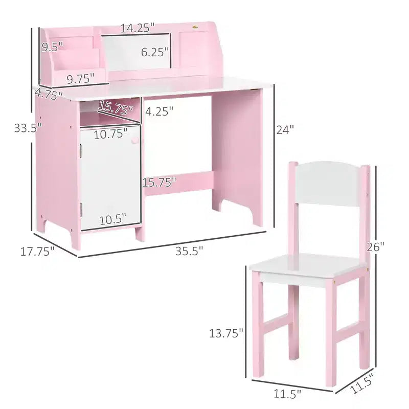 Scrivania e Sedia per Bambini con Lavagna, Grande Mobile Contenitore per Arte e Studio 90x45x85 cm Rosa