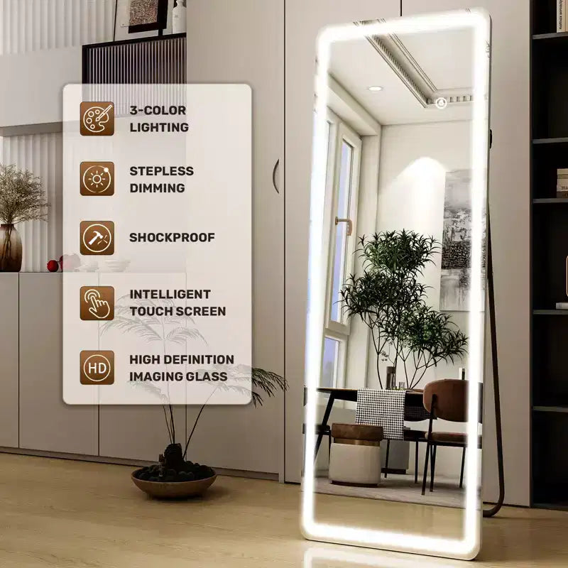 Specchio a figura intera a LED, specchio da terra illuminato dimmerabile con 3 modalità di colore e cornice in alluminio