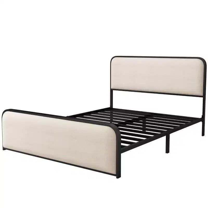 Letto a piattaforma in metallo matrimoniale/king size con testiera e pediera imbottite curve, struttura letto in metallo resistente per camera da letto