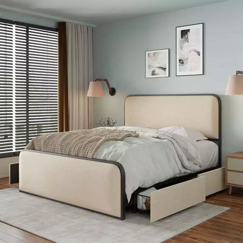 Letto a piattaforma in metallo matrimoniale/king size con testiera e pediera imbottite curve, struttura letto in metallo resistente per camera da letto
