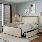 Letto a piattaforma in metallo matrimoniale/king size con testiera e pediera imbottite curve, struttura letto in metallo resistente per camera da letto