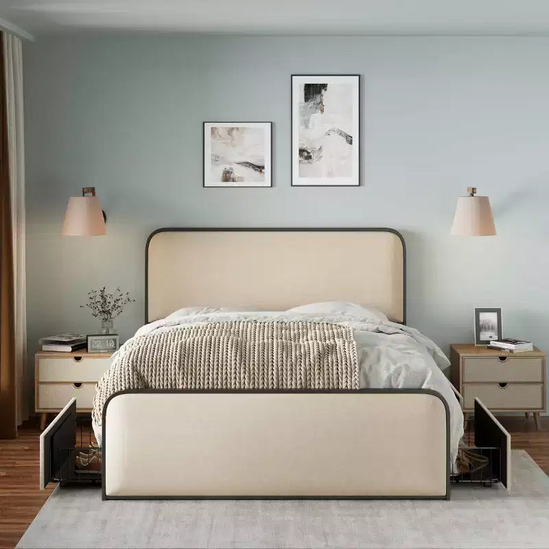 Letto a piattaforma in metallo matrimoniale/king size con testiera e pediera imbottite curve, struttura letto in metallo resistente per camera da letto