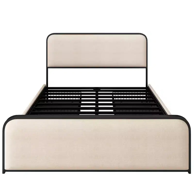 Letto a piattaforma in metallo matrimoniale/king size con testiera e pediera imbottite curve, struttura letto in metallo resistente per camera da letto