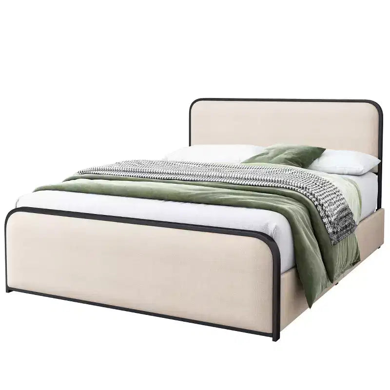 Letto a piattaforma in metallo matrimoniale/king size con testiera e pediera imbottite curve, struttura letto in metallo resistente per camera da letto