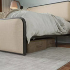Letto a piattaforma in metallo matrimoniale/king size con testiera e pediera imbottite curve, struttura letto in metallo resistente per camera da letto