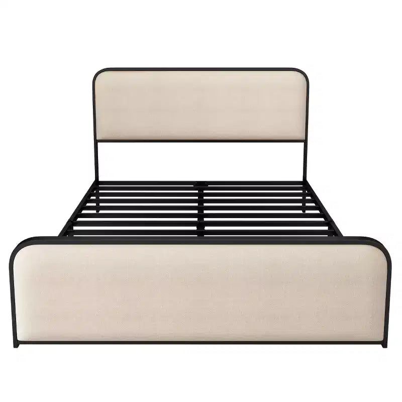 Letto a piattaforma in metallo matrimoniale/king size con testiera e pediera imbottite curve, struttura letto in metallo resistente per camera da letto