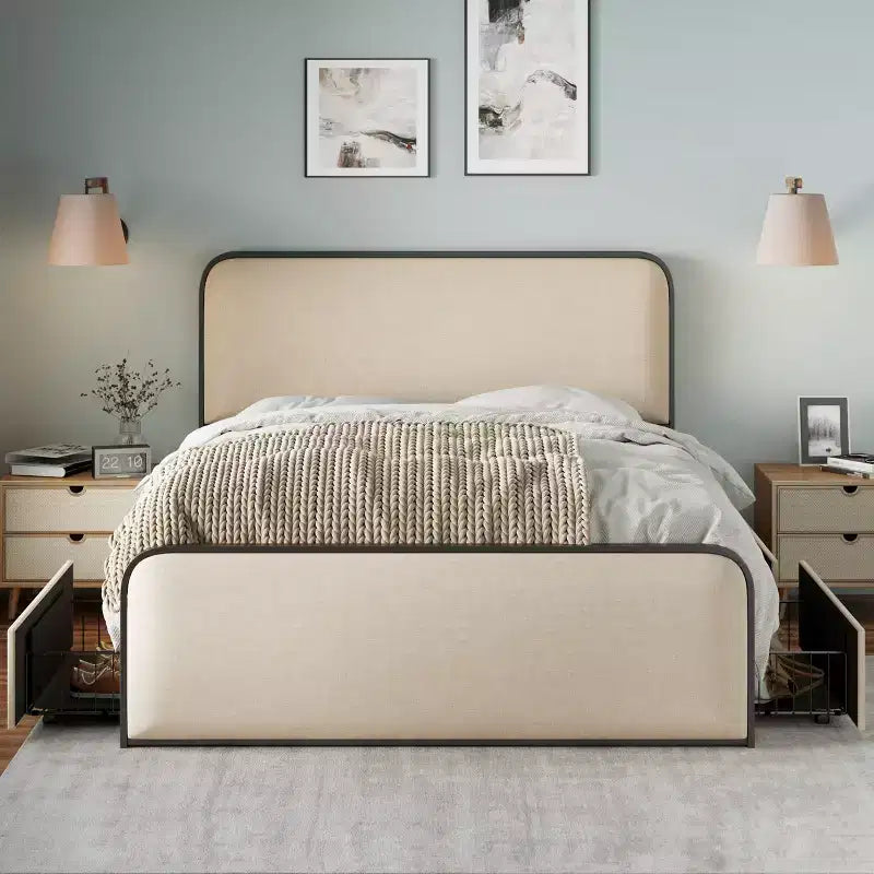 Letto a piattaforma in metallo matrimoniale/king size con testiera e pediera imbottite curve, struttura letto in metallo resistente per camera da letto