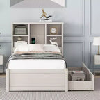JVNOXK 87-inch modern double bed frame with bookshelf-style double-tier headboard, built-in USB ports, and two drawers. White washed