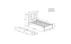 Letto matrimoniale moderno da 221 cm con testiera a due ripiani in stile libreria, porte USB integrate e due cassetti, finitura bianco anticato