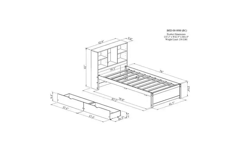 Letto matrimoniale moderno da 221 cm con testiera a due ripiani in stile libreria, porte USB integrate e due cassetti, finitura bianco anticato