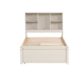 Letto matrimoniale moderno da 221 cm con testiera a due ripiani in stile libreria, porte USB integrate e due cassetti, finitura bianco anticato
