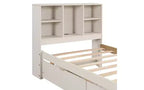 Letto matrimoniale moderno da 221 cm con testiera a due ripiani in stile libreria, porte USB integrate e due cassetti, finitura bianco anticato