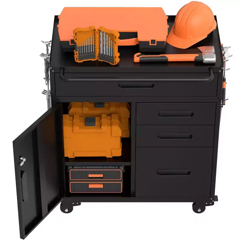 Cassettiera portautensili mobile a 4 cassetti da 34" - Organizzatore da garage in acciaio resistente con scomparto portaoggetti chiudibile a chiave e cassettiera da officina su ruote, nero
