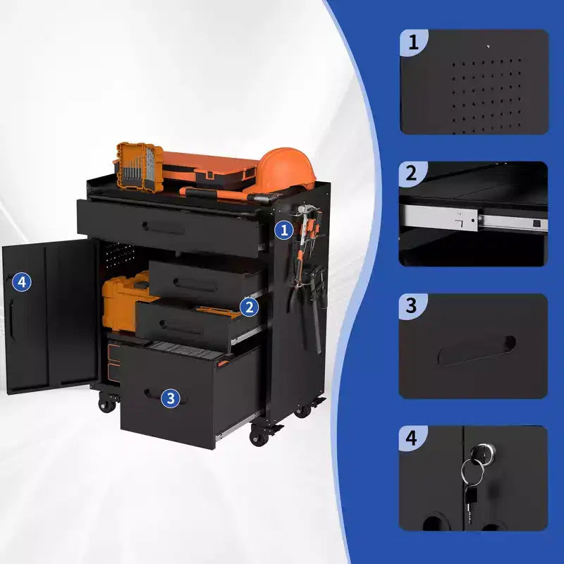 Cassettiera portautensili mobile a 4 cassetti da 34" - Organizzatore da garage in acciaio resistente con scomparto portaoggetti chiudibile a chiave e cassettiera da officina su ruote, nero