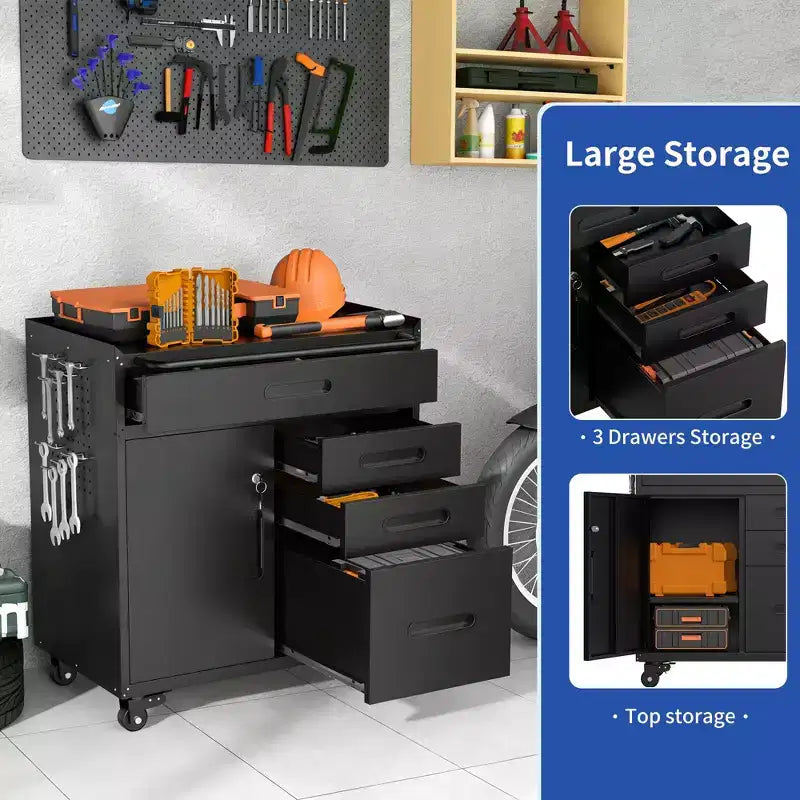 Cassettiera portautensili mobile a 4 cassetti da 34" - Organizzatore da garage in acciaio resistente con scomparto portaoggetti chiudibile a chiave e cassettiera da officina su ruote, nero