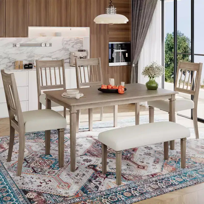 Tavolo da pranzo retrò con 4 sedie e panca, rettangolare in legno