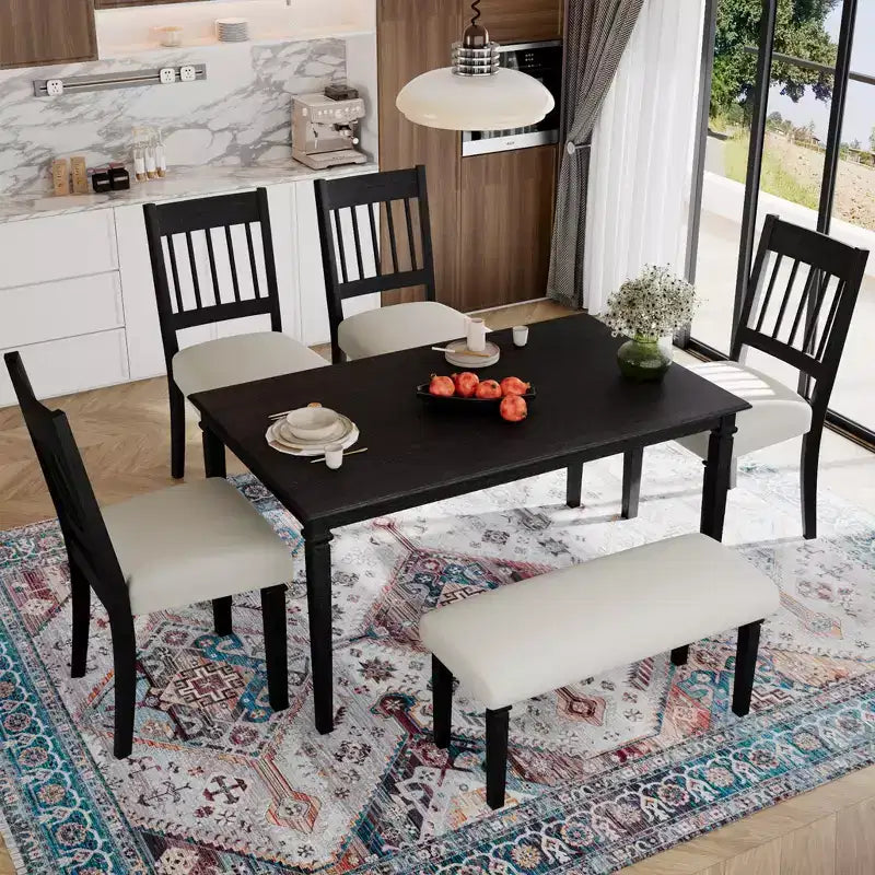 Tavolo da pranzo retrò con 4 sedie e panca, rettangolare in legno