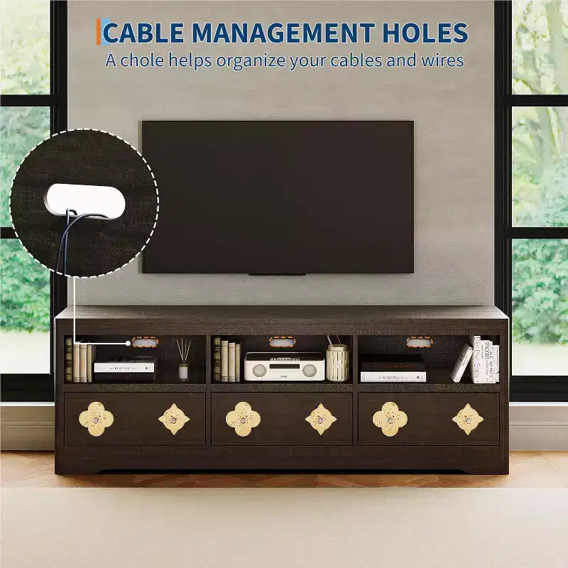 Mobile TV da 70 pollici per televisori fino a 85 pollici, mobile TV moderno di metà secolo con cassetto incisa e ripiani aperti, per soggiorno, camera da letto