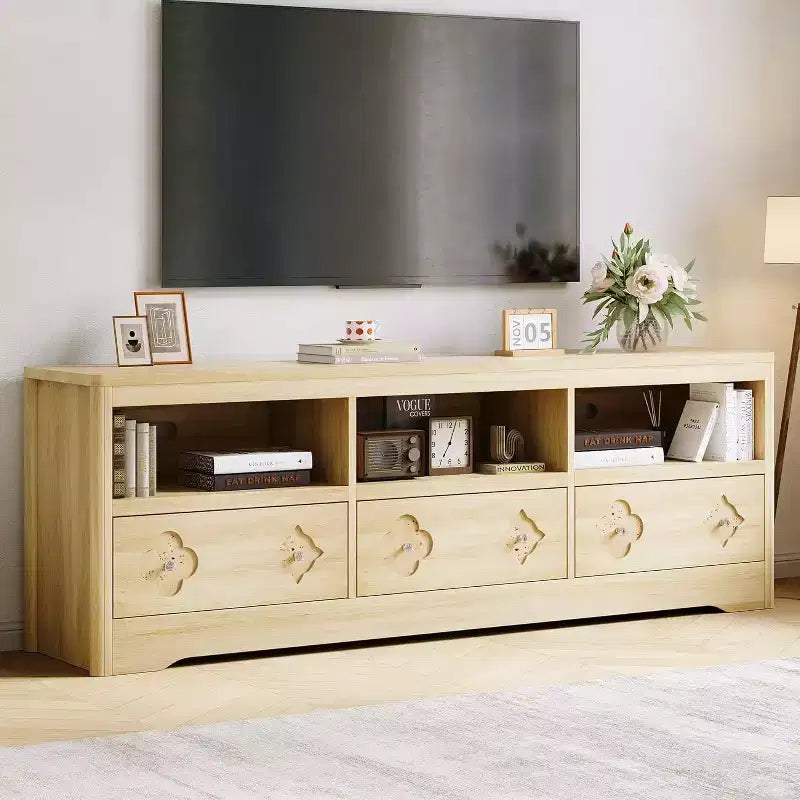 Mobile TV da 70 pollici per televisori fino a 85 pollici, mobile TV moderno di metà secolo con cassetto incisa e ripiani aperti, per soggiorno, camera da letto