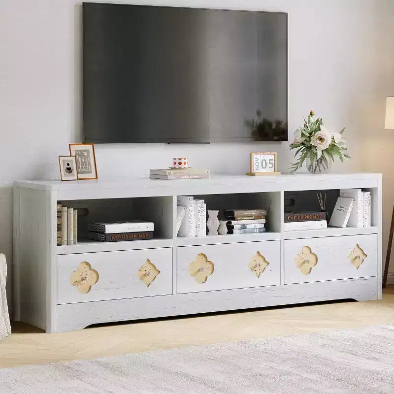 Mobile TV da 70 pollici per televisori fino a 85 pollici, mobile TV moderno di metà secolo con cassetto incisa e ripiani aperti, per soggiorno, camera da letto