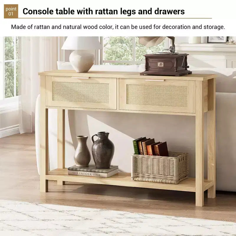 Tavolo Consolle in Rattan Stile Fattoria 43" con 2 Cassetti e Ripiano Aperto - Tavolino Stretto per Divano, Ingresso, Soggiorno, Corridoio, Foyer