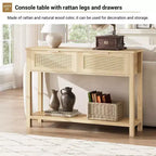 Tavolo Consolle in Rattan Stile Fattoria 43" con 2 Cassetti e Ripiano Aperto - Tavolino Stretto per Divano, Ingresso, Soggiorno, Corridoio, Foyer