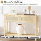 Tavolo Consolle in Rattan Stile Fattoria 43" con 2 Cassetti e Ripiano Aperto - Tavolino Stretto per Divano, Ingresso, Soggiorno, Corridoio, Foyer