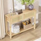 Tavolo Consolle in Rattan Stile Fattoria 43" con 2 Cassetti e Ripiano Aperto - Tavolino Stretto per Divano, Ingresso, Soggiorno, Corridoio, Foyer
