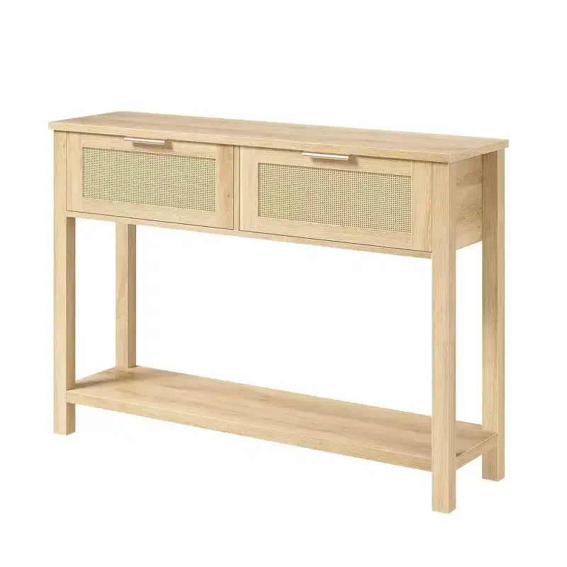 Tavolo Consolle in Rattan Stile Fattoria 43" con 2 Cassetti e Ripiano Aperto - Tavolino Stretto per Divano, Ingresso, Soggiorno, Corridoio, Foyer
