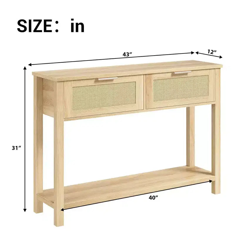 Tavolo Consolle in Rattan Stile Fattoria 43" con 2 Cassetti e Ripiano Aperto - Tavolino Stretto per Divano, Ingresso, Soggiorno, Corridoio, Foyer