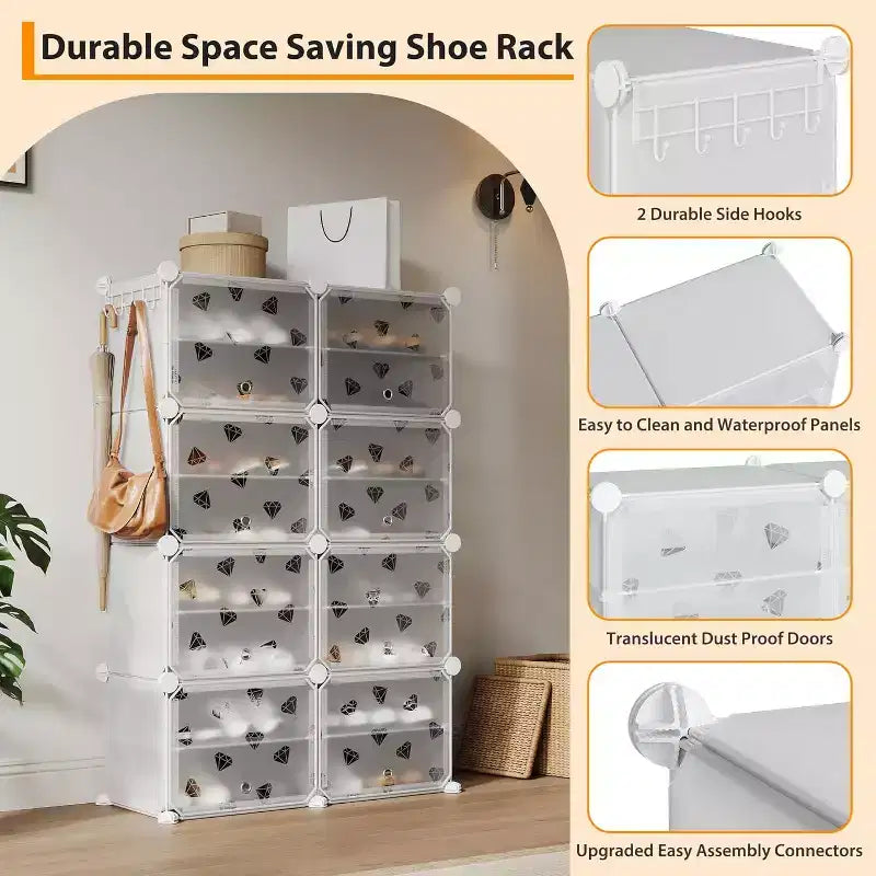 Scarpiera staccabile a 8 ripiani, organizer espandibile da 32 paia con porta per ingresso e camera da letto, bianco