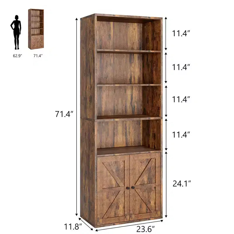 Libreria "Retro Brown" alta 181 cm con ante a fienile, a 6 ripiani, stile industriale/rustico, per soggiorno/camera da letto/ufficio