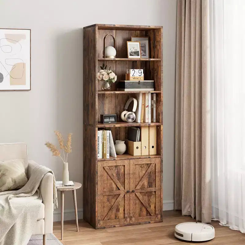 Libreria "Retro Brown" alta 181 cm con ante a fienile, a 6 ripiani, stile industriale/rustico, per soggiorno/camera da letto/ufficio