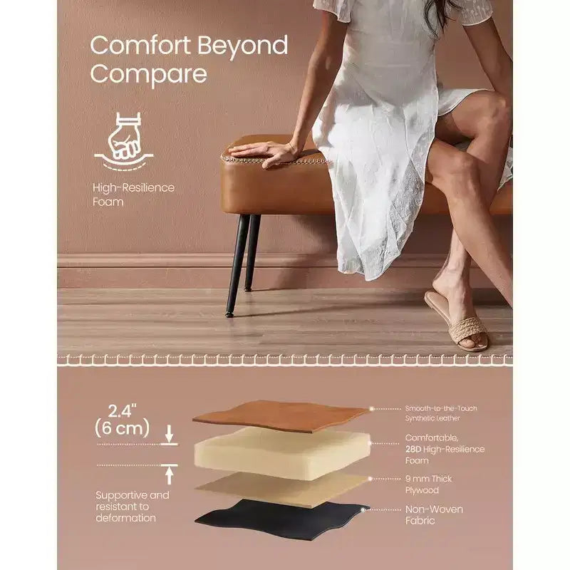 Panca per ingresso e camera da letto, in pelle sintetica con cuciture, panca ottomana con gambe in acciaio