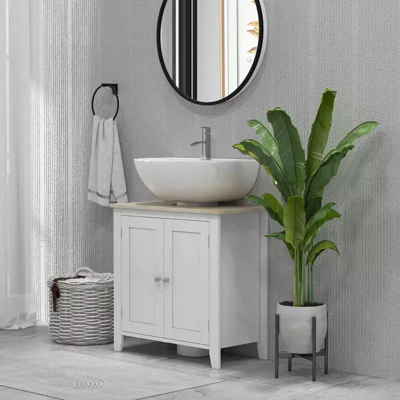Mobiletto sottopavimento per lavabo da bagno, Unità portaoggetti con taglio a U e ripiano interno regolabile