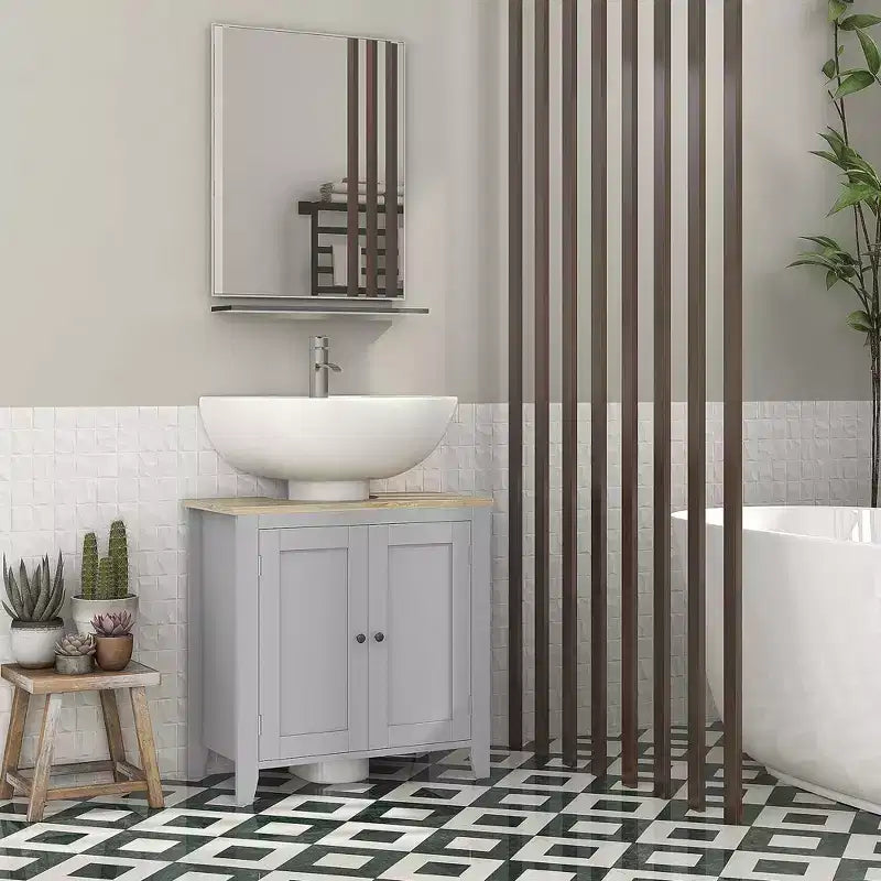 Mobiletto sottopavimento per lavabo da bagno, Unità portaoggetti con taglio a U e ripiano interno regolabile